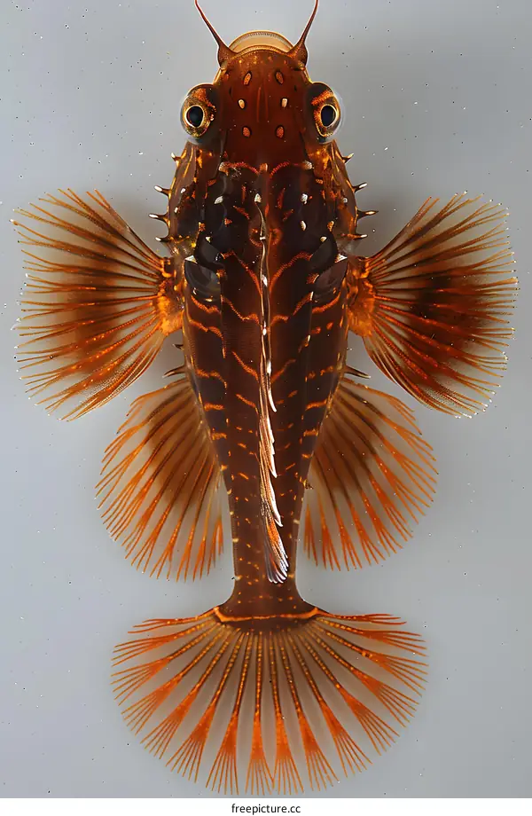 A red and orange fish with a large head and a long tail