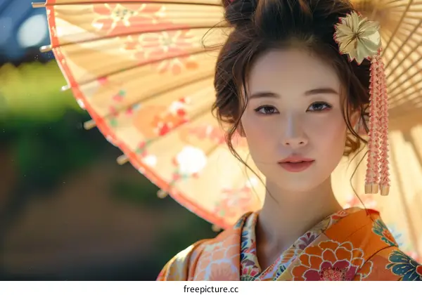 Portrait of a beautiful Japanese woman in traditional kimono with orange umbrella