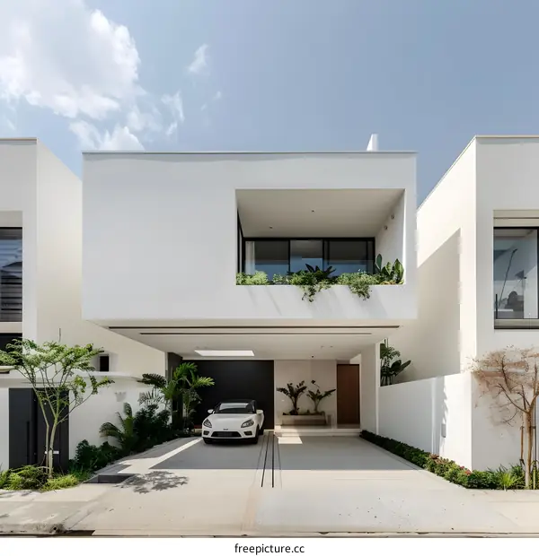 Modern Minimalist White House Exterior with Balcony and Garage
