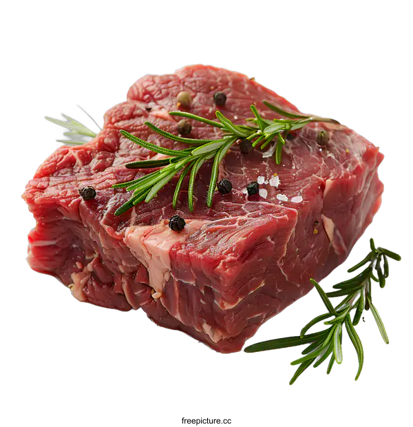 [Transparent Background PNG]Raw beef steak with rosemary and peppercorns
