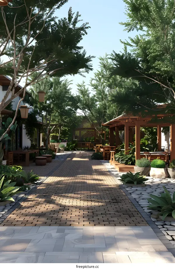 Brick Pathway Through Lush Greenery Garden Design