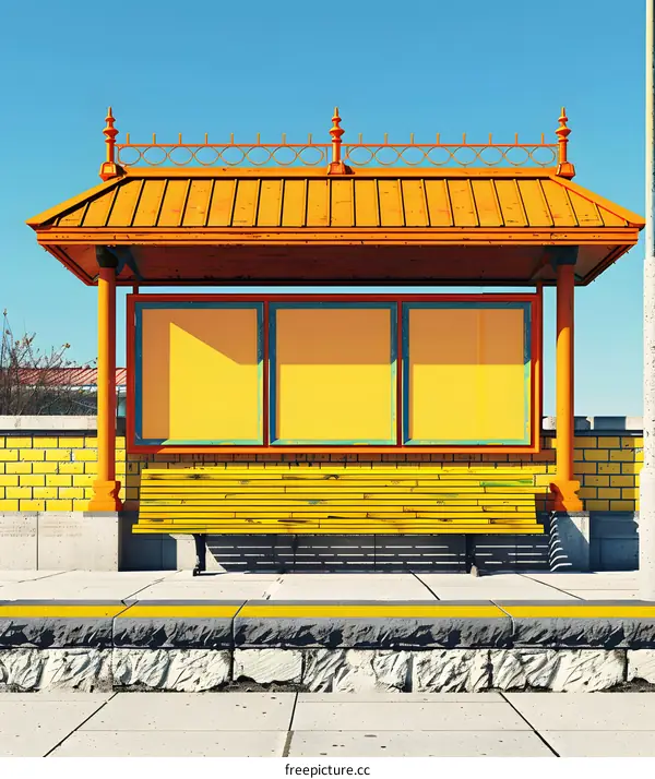 Orange Bus Stop with Empty Bench