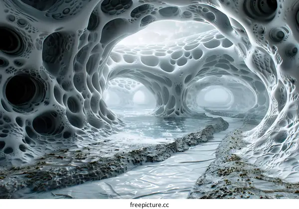 Surreal Organic Cave with Flowing River