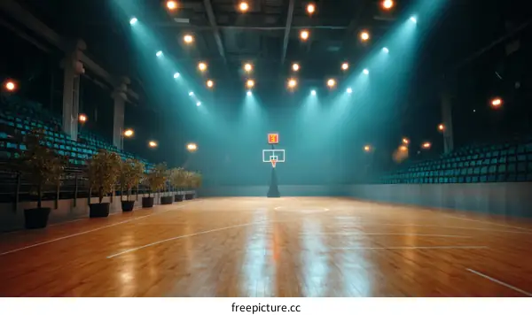 Empty Basketball Court Arena with Dramatic Lighting