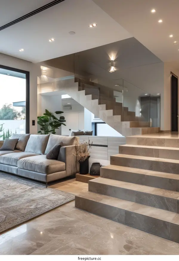 Modern minimalist marble staircase and living room interior design
