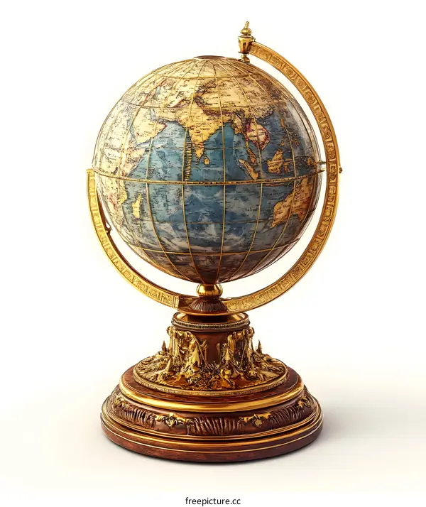 Antique Gold Globe with a Detailed World Map
