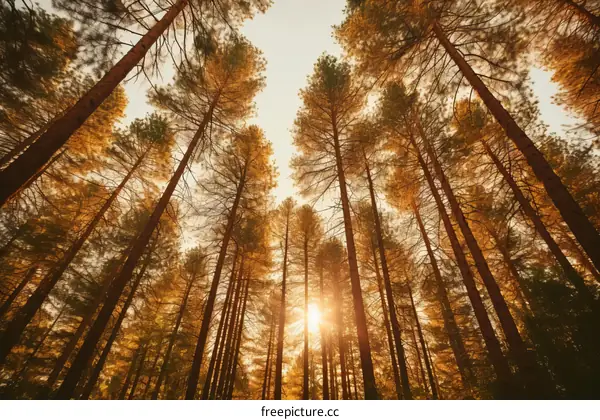 Looking Up at Tall Pine Trees with Sunlight Shining Through