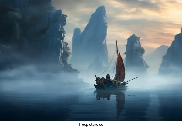 A boat sails through a narrow channel between tall rocky cliffs