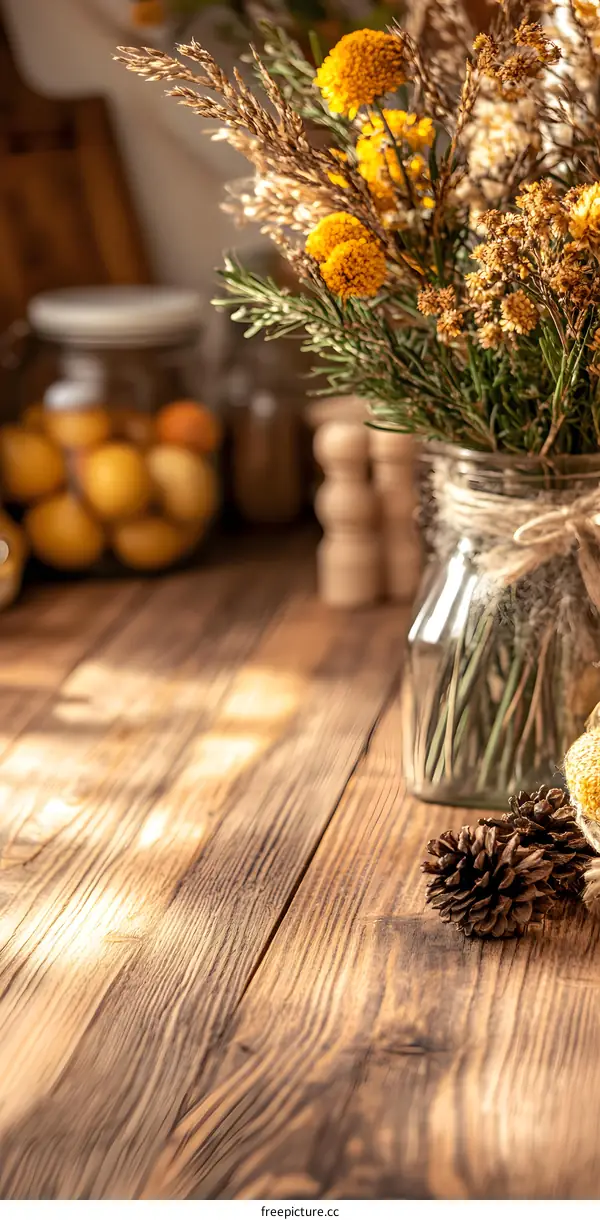 Rustic Wooden Table With Dried Flowers In A Glass Jar