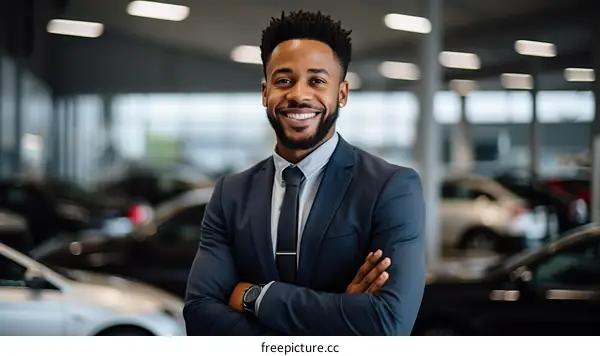 Portrait of a successful African American car salesman standing in a car dealership showroom