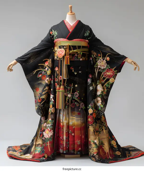 A woman wearing a traditional Japanese wedding kimono with a red obi and gold and red floral embroidery.