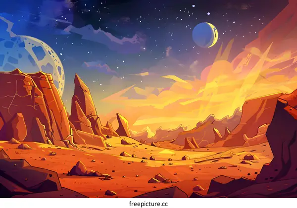 Fantasy Landscape with Mountains and Planets in the Sky
