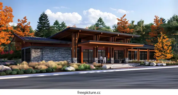 Modern Building with Stone Facade and Wood Beams