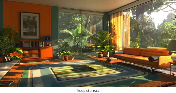 retro living room interior design with large windows