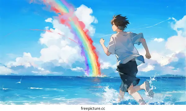 A Young Man Running Towards the Vibrant Rainbow Over the Blue Ocean