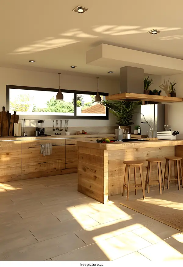 A beautiful modern kitchen with a large wooden island