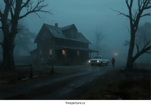 Mysterious foggy house with car and person approaching at night
