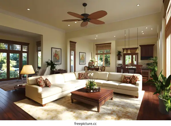 Modern Tropical Living Room with Sectional Sofa and Ceiling Fan