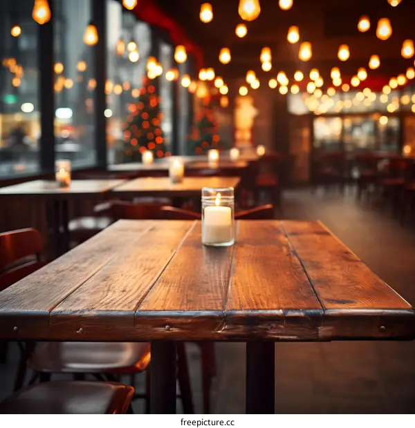 Empty Restaurant with Candle on Wooden Table