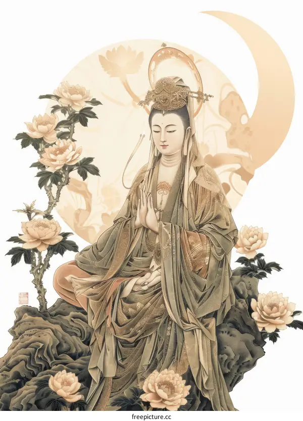 Bodhisattva Guan Yin sitting on a rock in front of a full moon with peony flowers