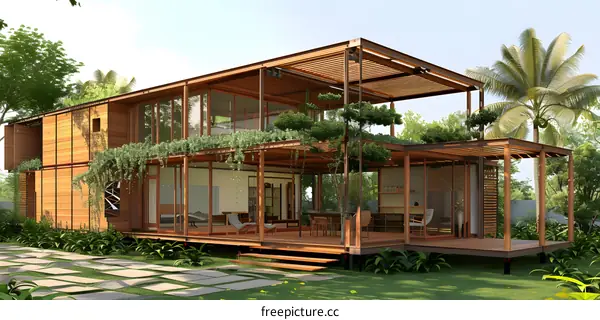 Modern Wooden House with Green Roof and Palm Trees