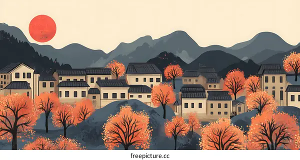 Autumn Landscape with Village and Red Sun
