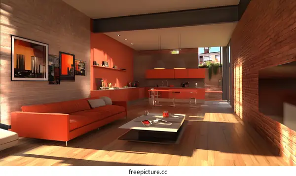 Modern Living Room Interior Design With Orange Sofa and Brick Wall