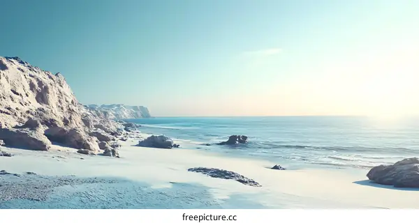 Tranquil Beach Scene with Cliffside and Ocean Horizon