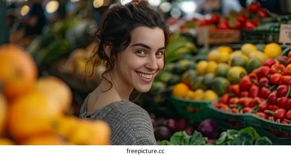 Portrait of a young woman at a farmers market