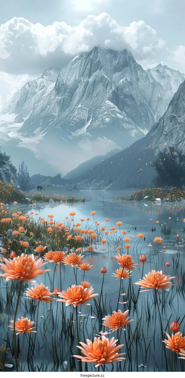 A Stunning Mountain Lake Landscape with Orange Flowers