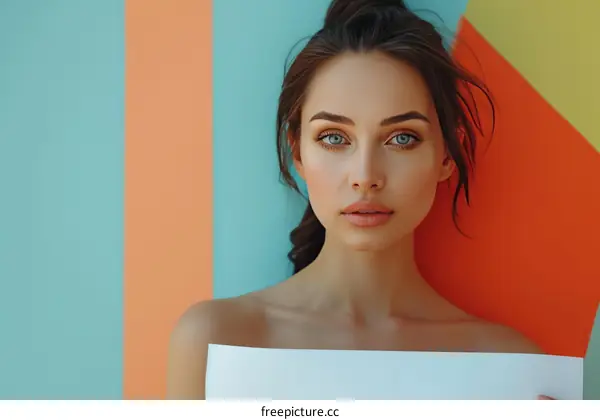 portrait of a young woman with green eyes and brown hair holding a blank sign