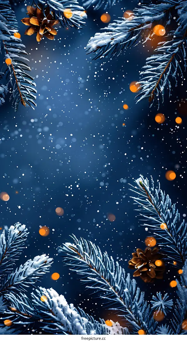 Christmas fir branches and pine cones in the snow close-up