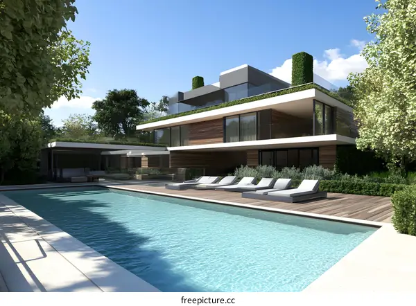 Modern Home with Swimming Pool and Lush Greenery