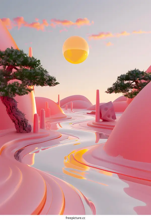 Pink Surreal Landscape With Abstract Shapes and a River