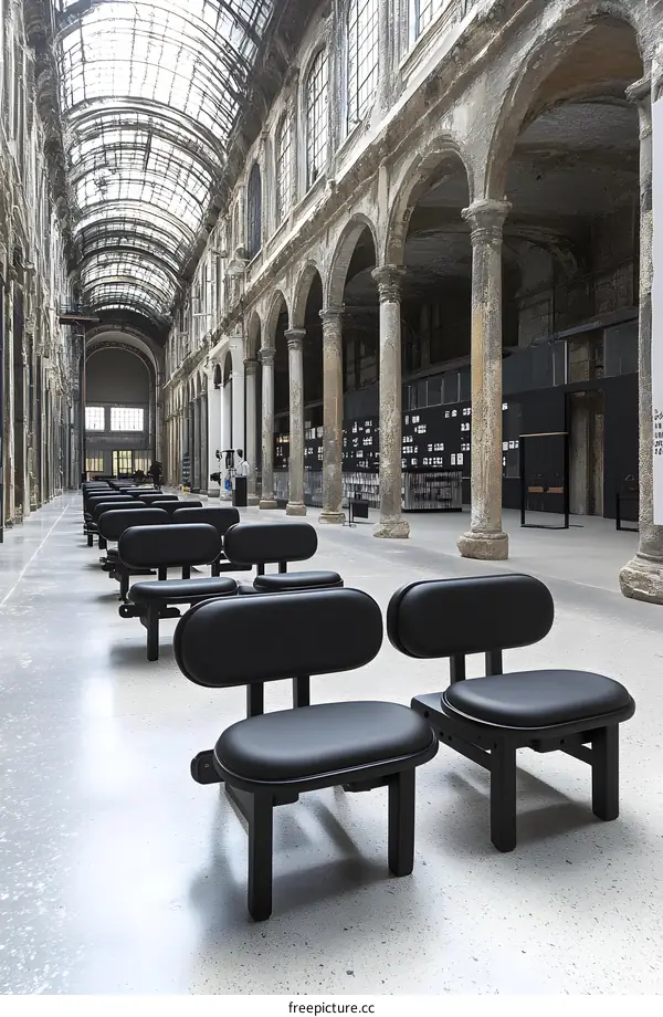 Black Chairs in a Large Arched Hallway