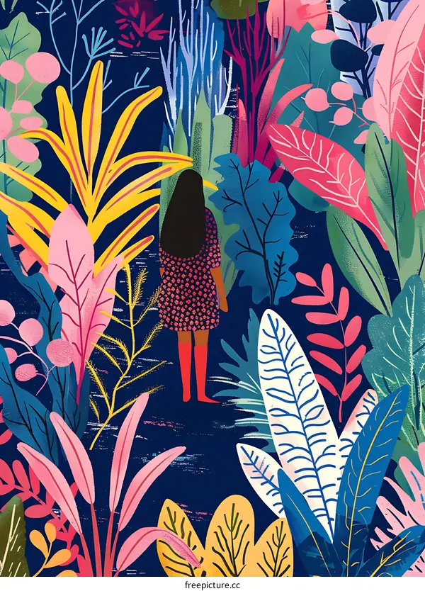 Girl Standing in a Forest of Colorful Plants