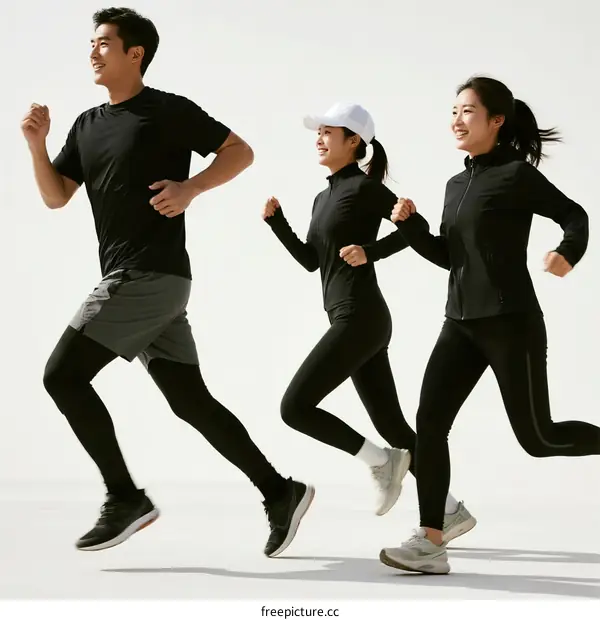 Three people running together in sportswear for fitness