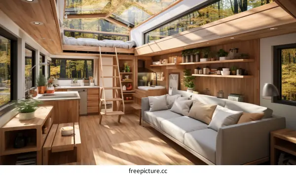 A modern cozy living space with large windows