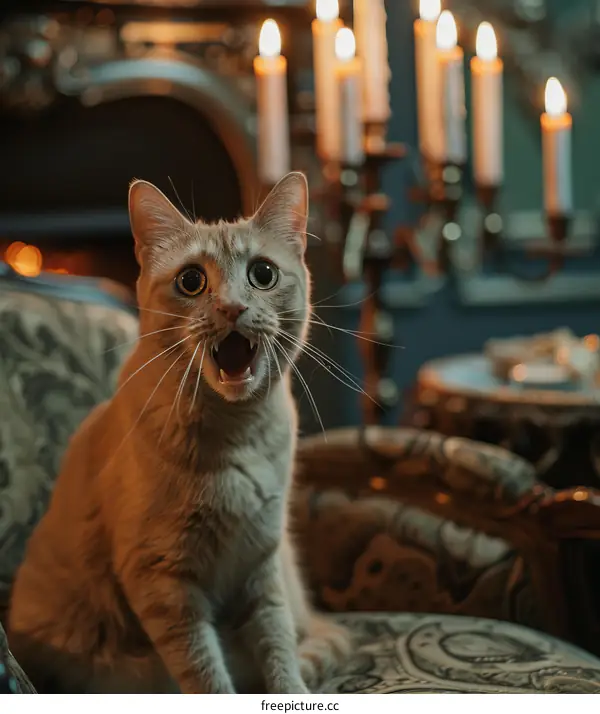 Scared ginger cat sitting on chair in front of fireplace
