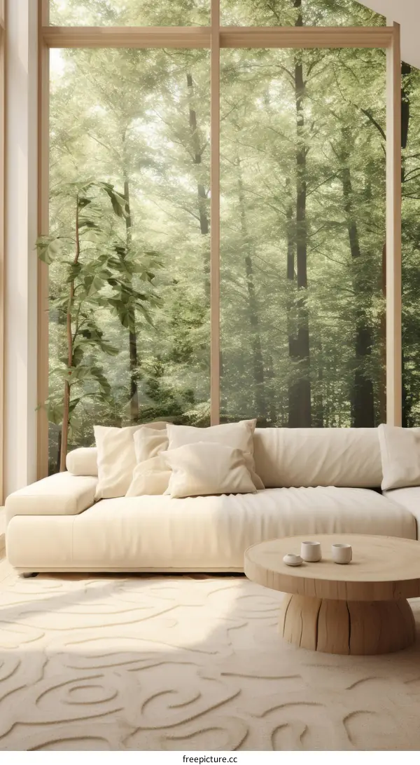Modern living room interior with large windows and forest view