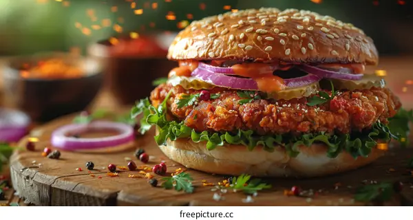 Crispy fried chicken sandwich with red onions, pickles, and lettuce on a sesame seed bun