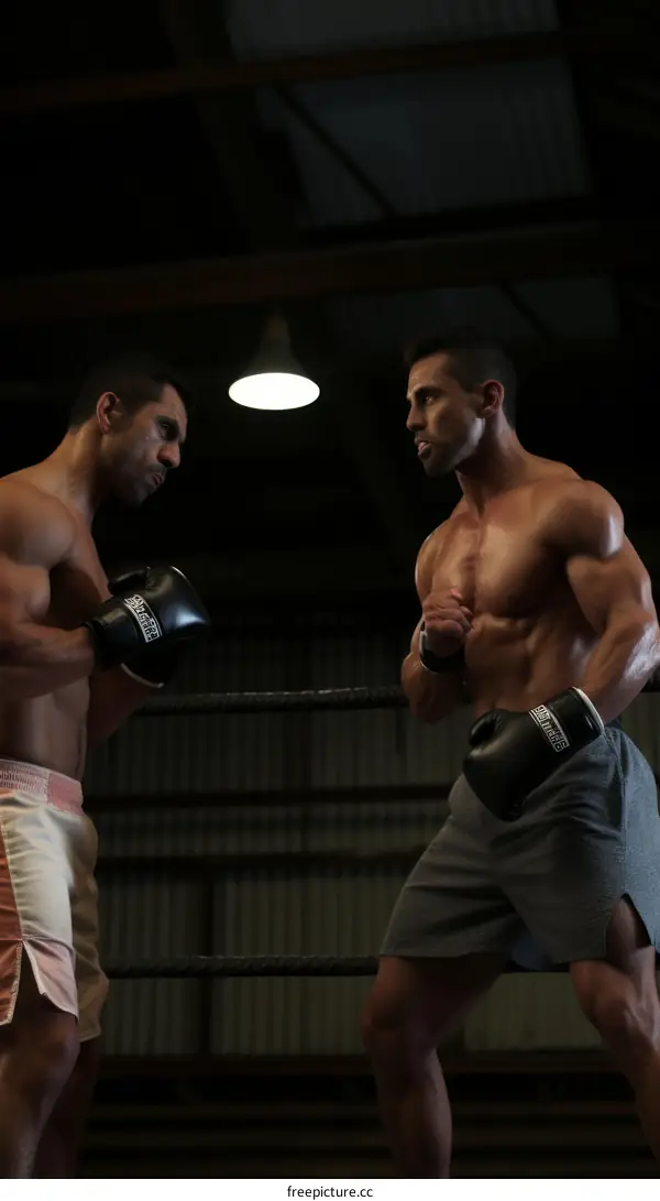 Two Muscular Fighters Boxing in the Ring