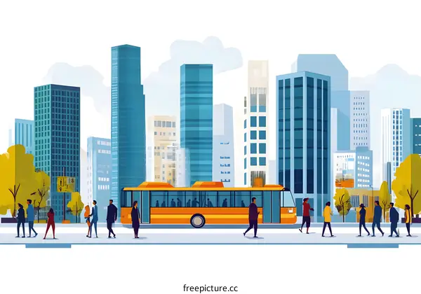 Cityscape with Bus and People Walking