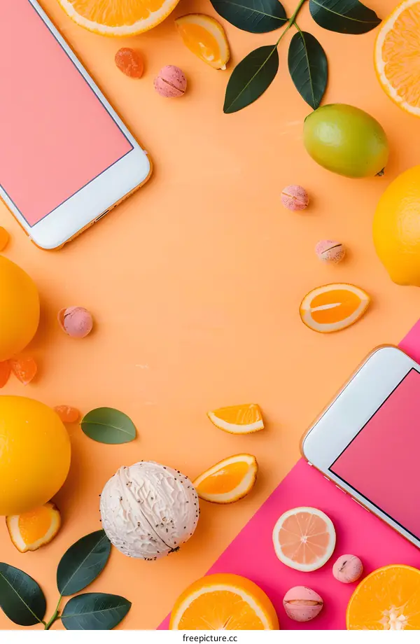 Summer Fruit Flat Lay with Smartphones and a Pink and Orange Background