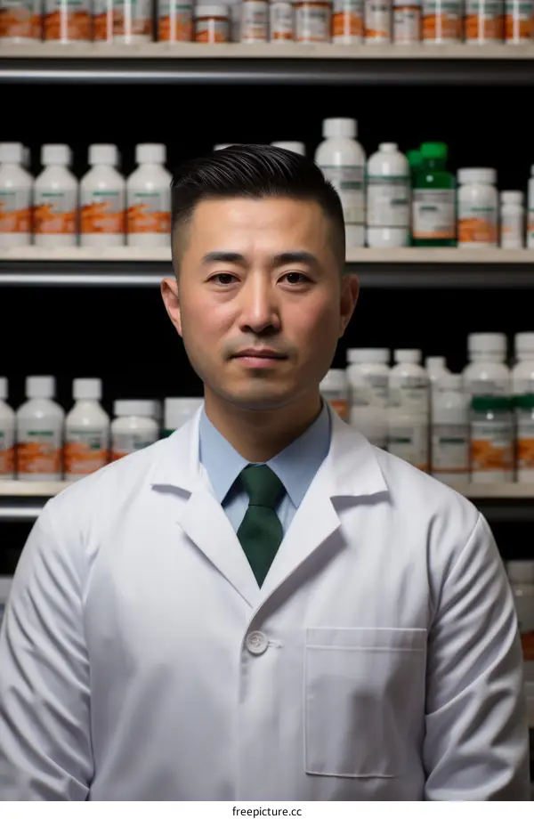 Portrait of a male pharmacist in a white coat standing in a pharmacy.