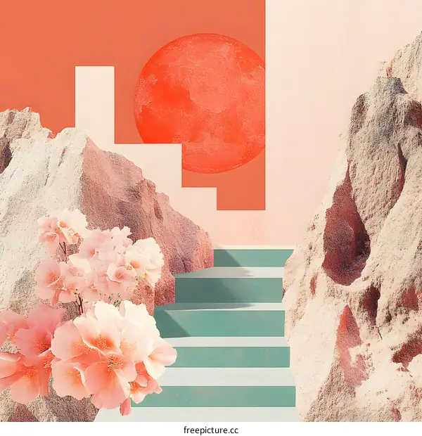Abstract Art with Pink Flowers, Rocks, and Stairs
