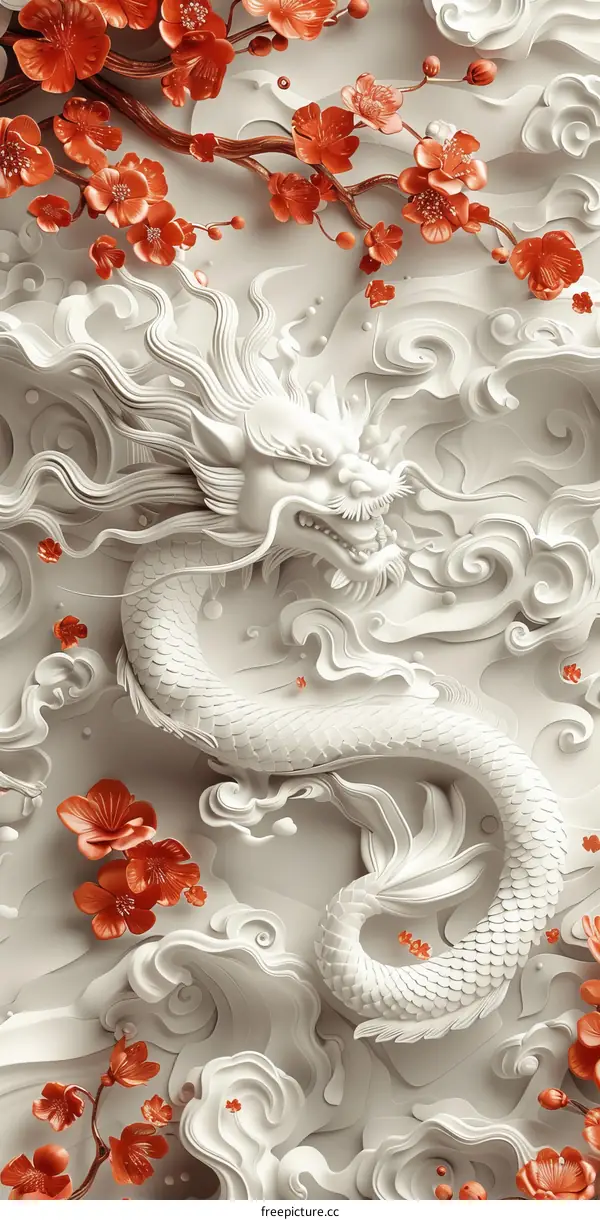 3D White Dragon Artwork with Peach Blossoms