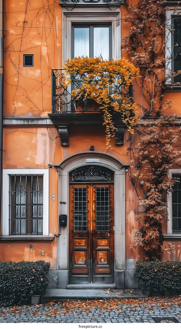Old Vintage Brown Wooden Door with Metal Grates and  Orange Wall
