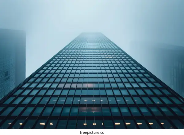 Reflective Glass Tower in the Mist
