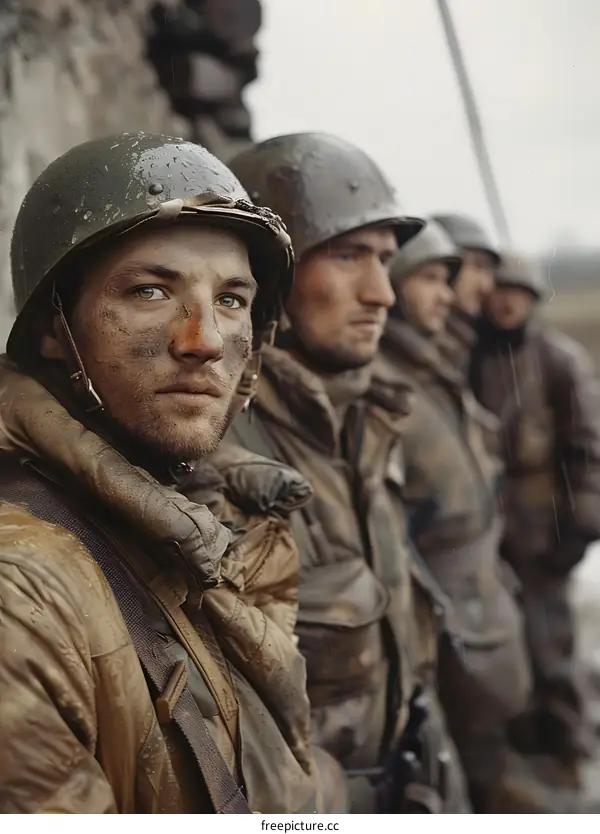 A group of soldiers in the rain